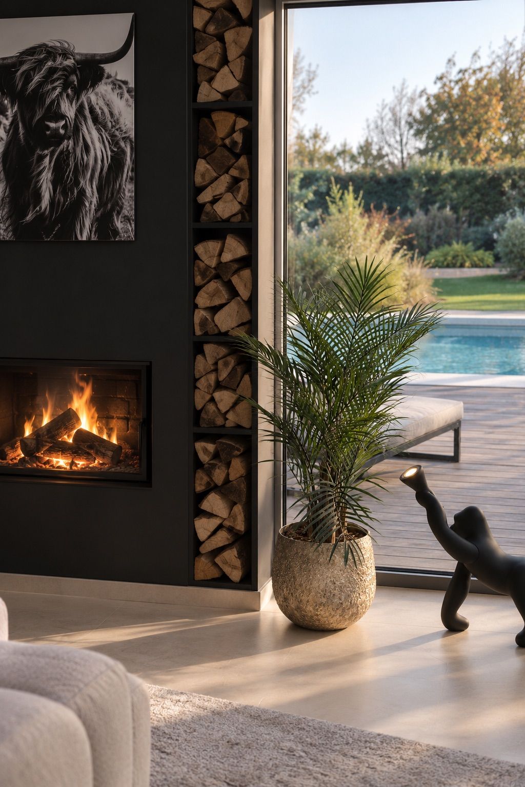 Cheminée noire, réserve de bûches, palmier en pot et lampe gorille devant une baie ouverte sur la piscine