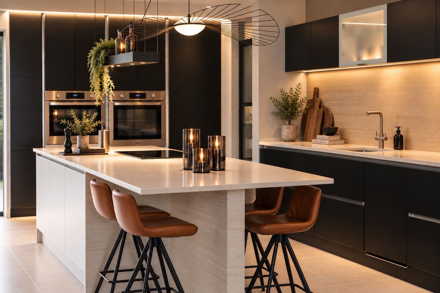 Cuisine noire et pierre claire, îlot avec trois tabourets cognac, suspension filaire au-dessus