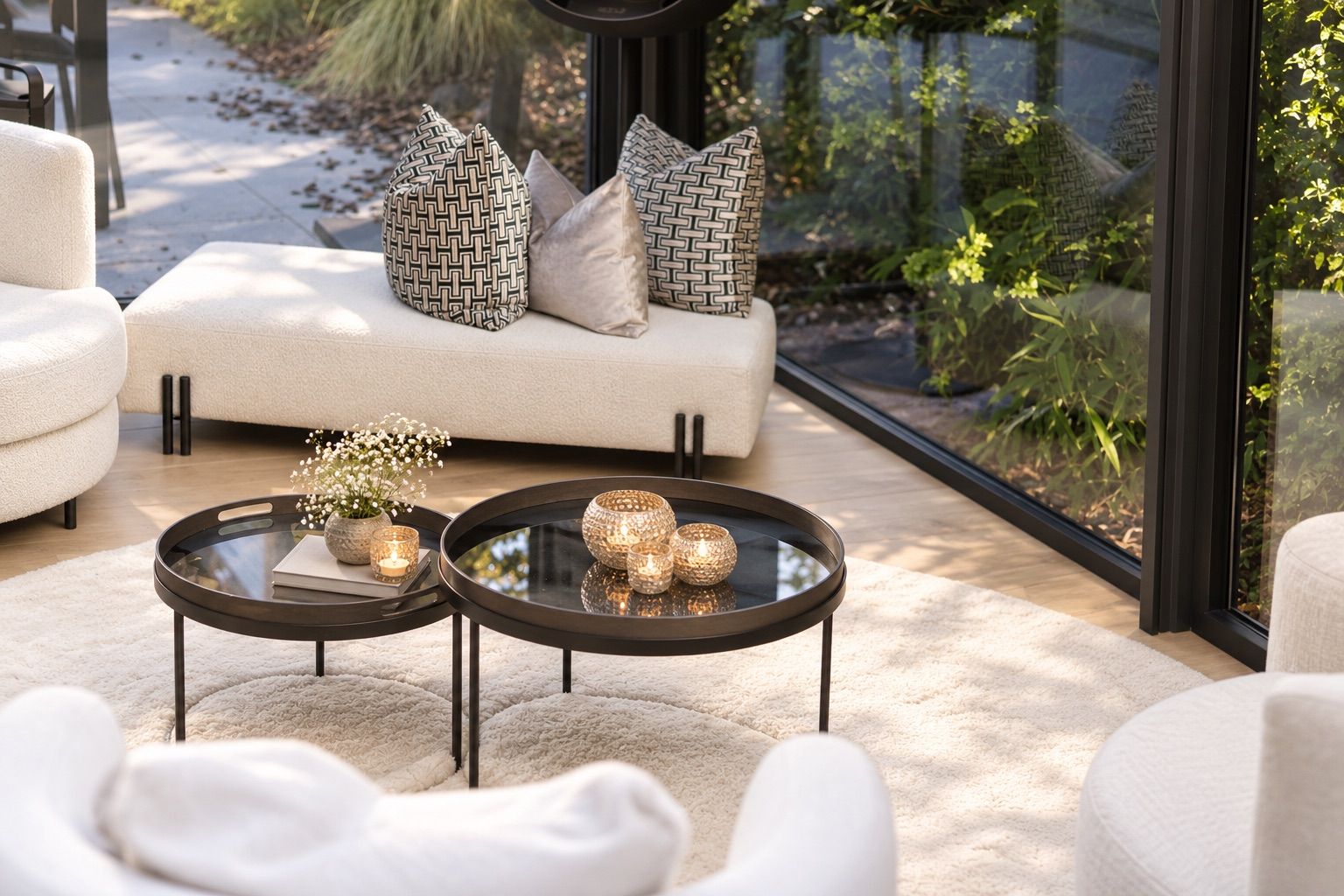 Salon : fauteuils bouclés blancs, tables gigognes noires, coussins graphiques, baie vitrée sur le jardin