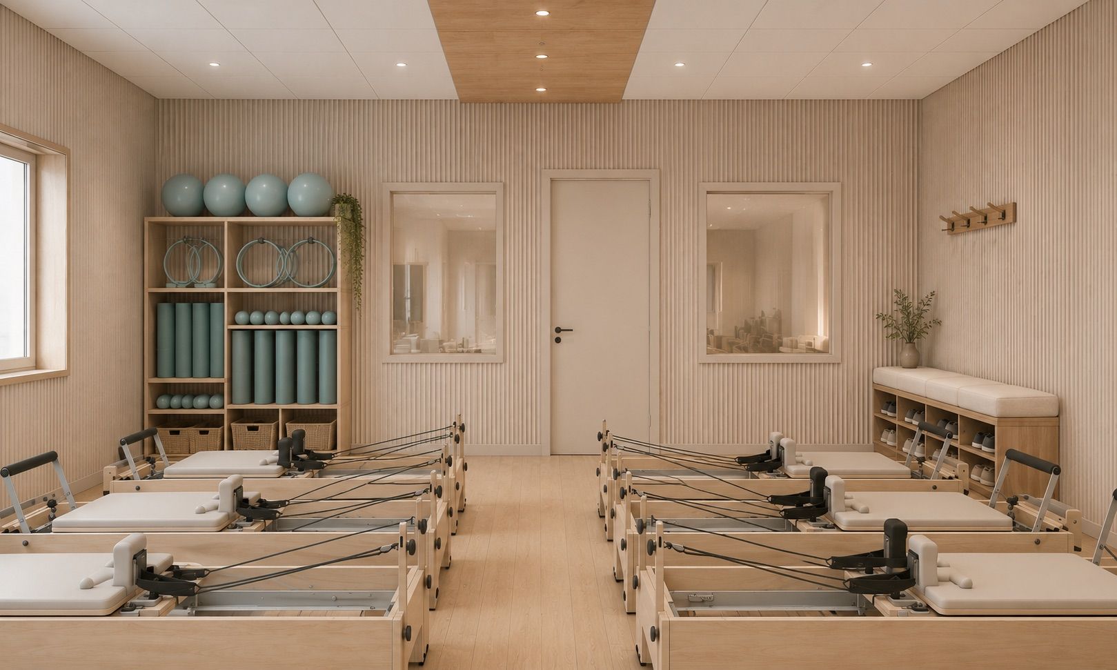 Visualisation d’un vestiaire : banc rembourré, casiers à chaussures, patères en bois, enseigne dorée sur le mur